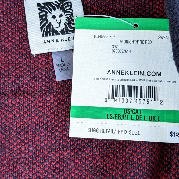 Anne Klein Windowpane Check Open Front Sweater Coat Cardigan Navy Deep Red sz L - Picture 8 of 9